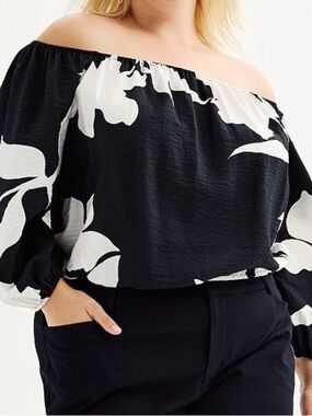 Nine West Black & White Floral Off-Shoulder Blouse